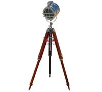 HOMYZ Nautical Searchlight Floor Lamp with Wooden Base Handmade Chrome Tripod Standing Lamp for Maritime Home Decor