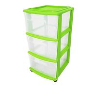 HOMZ Drawer Tower, 3-Tier Clear Plastic Storage Organizer Cart, Bold Lime Frame - Rolling Drawer Containers with Wheels for Bathroom, Bedroom, Office, and Classroom Organization