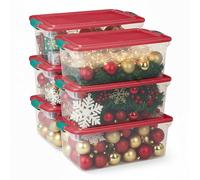 Homz Holiday Ornament Storage Tote Box, Latching Handles, 64 Quart, Clear With Red Lid, Stackable, 6-Pack