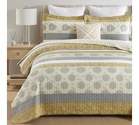 Homzard Quilt King Size-Comforter King Quilt Bedding Set,Mustard Yellow Beige Grey All Cotton Quilted Bedspread,Striped Floral Pattern Bedding Set,Lightweight Reversible 3 Piece,All Seasons