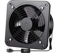 Hon&Guan 10 inch Kitchen Exhaust Fan 250mm with Switch UK Plug,1680m³/h Stainless Steel Extractor Ventilator Fan with Backdraft Damper for Garage Attic Coop Printer Soldering Spray (Black)