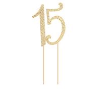 Honbay 15 Birthday Cake Topper Sparkly Bling Alloy Crystal Rhinestones Cake Topper Cake Decoration for 15th Birthday or Anniversary Party (Gold)