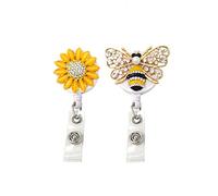 Honbay 2PCS Rhinestone Retractable Badge Holder Sunflower Bee Badge Reel ID Name Tag Holder Reel with Alligator Clip for Nurses Doctors Teachers Volunteer (2 Style), Yellow, 90mm/3.54inch