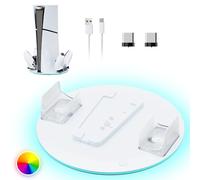 HONCAM Vertical Stand for PS5/PS5 Slim/PS5 Pro Consoles with Dual Controller Charger Station, 7 RGB Light (White)