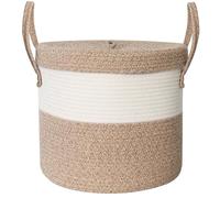 HONCESTA 15”x13” Large Storage Basket with Lid, Blanket Basket Living Room, Woven Cotton Rope Baskets for Storage, Kids Toy Storage Bin, Tall Wicker Laundry Basket, Blankets Pillows Organizer Holder