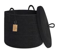HONCESTA 18" X 14" Large Black Basket with Lid, Cotton Rope Storage Bin for Blanket, Toy, Pillow, Towel, Living Room, Bedroom Organization, Wicker Woven Basket with Cover