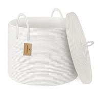 HONCESTA Extra Large 18" X 18" X 14" White Basket with Lid, Cotton Rope Woven Basket for Blankets for Living Room, Kids Toy Storage Container, Wicker Basket