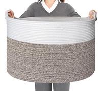 HONCESTA Extra Large Blanket Storage Basket for Living Room - 23.6" x 23.6" x 14.1" Woven Cotton Rope Baskets for Organizing, Wicker Kids Dog Toy Bin Box, Throw Pillow Holder Organizer, Towel Shoe Bin