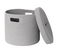 HONCESTA Gray Basket with Lid, 15” x 13” Woven Storage Basket for Blankets, Toys, Pillows, Towels, Living Room Bedroom Storage Bin, Round Rope Basket with Lid, Wicker Baskets for Organizing