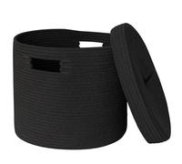 HONCESTA Storage Basket with Lid, 15” x 13” Lidded Blanket Basket Living Room, Black Woven Baskets for Storage, Nursery Kids Cotton Rope Toy Bin Box with Cover, Wicker Laundry Basket Pillow Holder