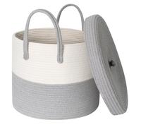 HONCESTA Storage Basket with Lid, Blanket Basket Living Room, Large Woven Cotton Rope Baskets for Storage, Kids Toy Storage Bin, Wicker Laundry Basket, Blankets Pillows Organizer Holder,15"x13", Gray