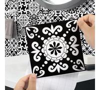 Honcet 24pcs Tile Stickers for Bathroom, Stick on Tiles Kitchen Black and White, Vinyl Self Adhesive Wall Tiles Moroccan Waterproof, Peel and Stick Wall Mosaic 15x15cm