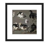 Hondecoeter Seven Chicks Birds Painting 8X8 Inch Square Wooden Framed Wall Art Print Picture with Mount Artery8 Black One Size