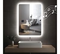 Hondony 50×70cm Bluetooth Bathroom Mirror with Led Lights and Dual Touch Switch, Wall Mounted Vanity, Anti-fog, 3 Colors Dimmable Light, Rectangle Demister Mirror with Backlit Lights for Bathroom