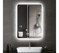 Hondony 50×70cm Square Bathroom Mirror with Led Lights and Dual Touch Switch, Wall Mounted Vanity, Anti-fog, 3 Colors Dimmable Light, Demister Mirror with Backlit Lights for Bathroom