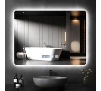 Hondony 60×80cm Square Bathroom Mirror with Led Lights and Dual Touch Switch, Wall Mounted Vanity, Anti-fog, 3 Colors Dimmable Light, Demister Mirror with Backlit Lights for Bathroom