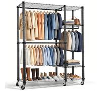 Hondony Heavy Duty Clothes Rail, 338KG Black Metal Wardrobe Rack with Clothes Rail, Shoe Rack, Storage Shelves & 4 Coat Hooks | For Bedroom, Office, Shop