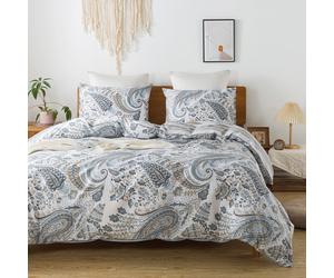 HoneiLife Cotton Duvet Cover Queen 3pcs Paisley Comforter Cover Soft Breathable Floral Bedding Duvet Cover Sets with Zipper