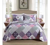 HoneiLife Quilt Set King Size - 3 Piece Microfiber Quilts Reversible Bedspreads Patchwork Coverlets Floral Bedding Set All Season Quilts-Little Rose,Purple