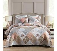 HoneiLife Quilt Set Queen Size - 3 Piece Microfiber Quilts Reversible Bedspreads Patchwork Coverlets Floral Bedding Set All Season Quilts,Mocha Rose-Queen/Full Size