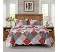 HoneiLife Quilt Set Queen Size - 3 Piece Microfibre Bedspread Reversible Coverlet Patchwork Bedding Set Lightweight Bedcover Floral Bedspreads All Season Quilts-Amaranth Red