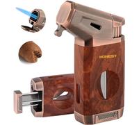 HONEST Torch Cigar Lighter with Windproof Jet Flame Built-in V Cigar Cutter Box for Christmas Refillable Butane Torch Lighters All-in-one Cool Lighters for Smoking Cigars (Brown)