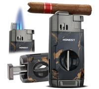HONEST Torch Cigar Lighter with Windproof Jet Flame, Built-in V Cigar Cutter, Gift for Christmas, Refillable Butane Torch Lighters, All-in-one Cool Lighters for Smoking, Cigars (Black Marble)