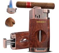 HONEST Torch Cigar Lighter with Windproof Jet Flame, Built-in V Cigar Cutter, Gift for Christmas, Refillable Butane Torch Lighters, All-in-one Cool Lighters for Smoking, Cigars (Brown B)