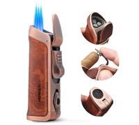 HONEST Triple Jet Torch Lighter with Built-in Punch, Visible Gas Window, Refillable, Adjustable Flame Intensity, Pocket Size - Brown (Sold without Gas)