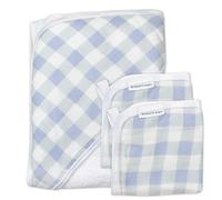 HonestBaby 3-Piece Organic Cotton Hooded Towel & Washcloth Set, Blue Painted Buffalo Check, One Size