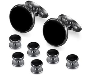HONEY BEAR 8pcs Set Cufflinks and Studs - Black Onyx, for Men Shirts Tuxedo Accessories Wedding Gift (Black)