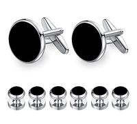 HONEY BEAR 8pcs Set Cufflinks and Studs - Black Onyx, for Men Shirts Tuxedo Wedding Gift … (8ps set Black with Silver)
