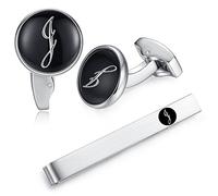 HONEY BEAR Black Initial Letter Cufflinks Tie Clip Set for Men Wedding