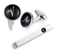 HONEY BEAR Black Initial Letter Cufflinks Tie Clip Set for Men Wedding