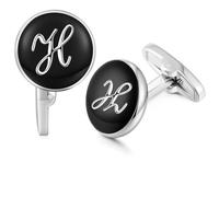 HONEY BEAR Black Initial Letter Round Cufflinks for Men Wedding Business
