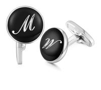 HONEY BEAR Black Initial Letter Round Cufflinks for Men Wedding Business