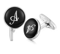 HONEY BEAR Black Initial Letter Round Cufflinks for Men Wedding Business