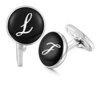 HONEY BEAR Black Initial Letter Round Cufflinks for Men Wedding Business