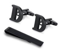 HONEY BEAR Black Initial Letter Round Cufflinks Tie Clip Set for Men