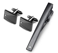 HONEY BEAR Black Rectangle Crystal Cufflinks and Tie Clip Set for Men