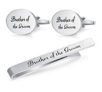 HONEY BEAR Brushed Silver Cufflinks and Tie Clip Set for Men Wedding