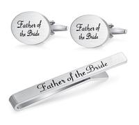 HONEY BEAR Brushed Silver Cufflinks and Tie Clip Set for Men Wedding