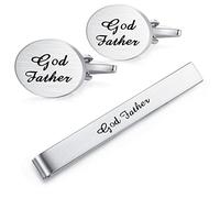 HONEY BEAR Brushed Silver Cufflinks and Tie Clip Set for Men Wedding