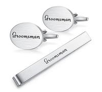 HONEY BEAR Brushed Silver Cufflinks and Tie Clip Set for Men Wedding