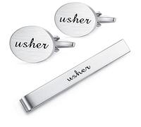 HONEY BEAR Brushed Silver Cufflinks and Tie Clip Set for Men Wedding