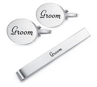HONEY BEAR Brushed Silver Cufflinks and Tie Clip Set for Men Wedding
