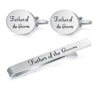 HONEY BEAR Brushed Silver Cufflinks and Tie Clip Set for Men Wedding