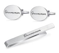 HONEY BEAR Brushed Silver Cufflinks and Tie Clip Set for Men Wedding | Tarnish-Resistant, Steel-Plated Copper Base, Gift Box, for Groomsmen, Father, Husband, Anniversary, Formal Events