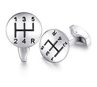 HONEY BEAR Cufflinks For Men, Stainless Steel Round Car Gear Speed Stick Retro, For Business Wedding Gift (Silver)