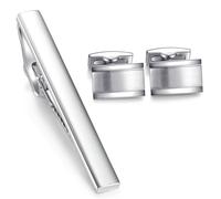 HONEY BEAR Cufflinks Tie Clip Set For Mens - Rectangle Silver, for Business Wedding Gift (style 2 with box)
